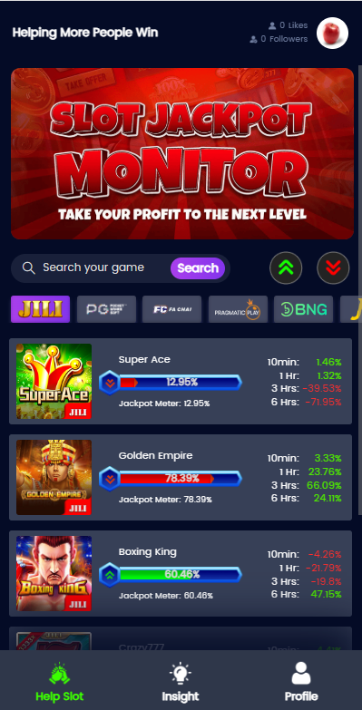 HelpSlot.win search bar, provider tabs and game cards with Jackpot Meter percentages