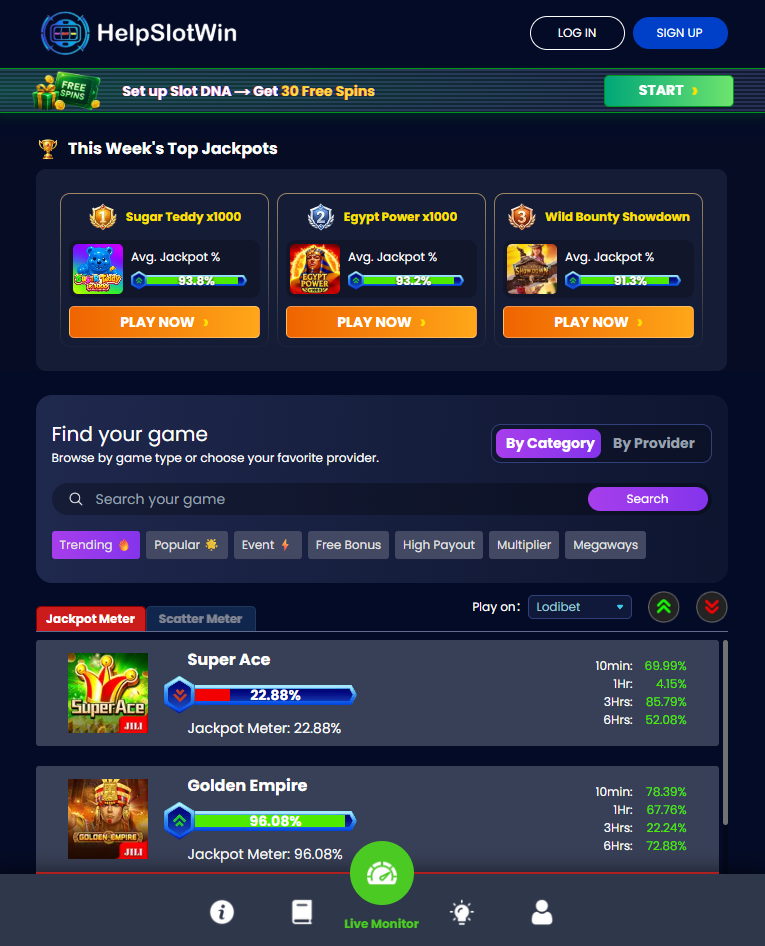 HelpSlotsWin.com interface showing category/provider controls and jackpot-meter game listings